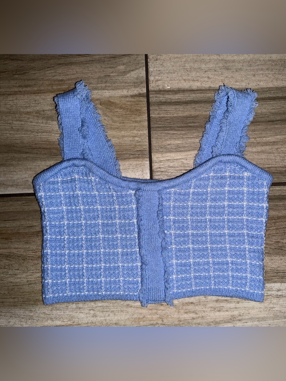 Light Blue Knit Tank Top with White Check - Women's Sleeveless